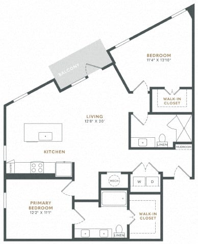 Floor plan for 2 beds, 2 baths, 1203 sqft